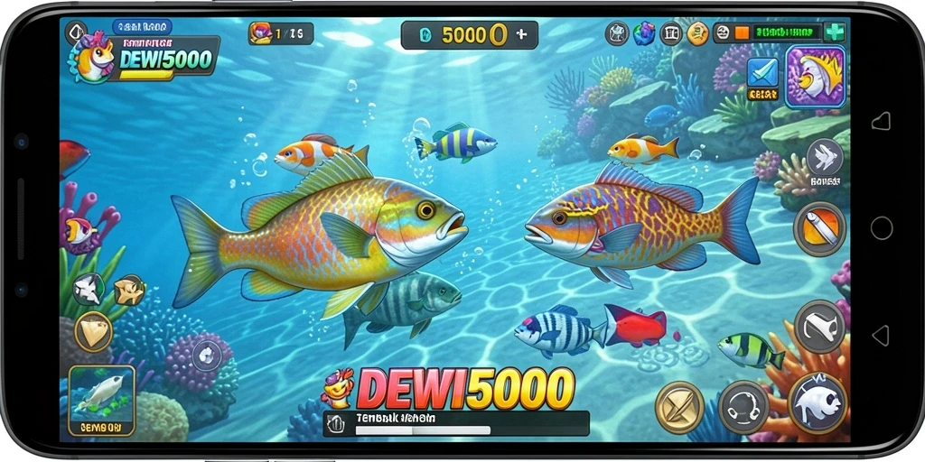 Gameplay seru DEWI5000 menampilkan perburuan ikan yang mendebarkan.