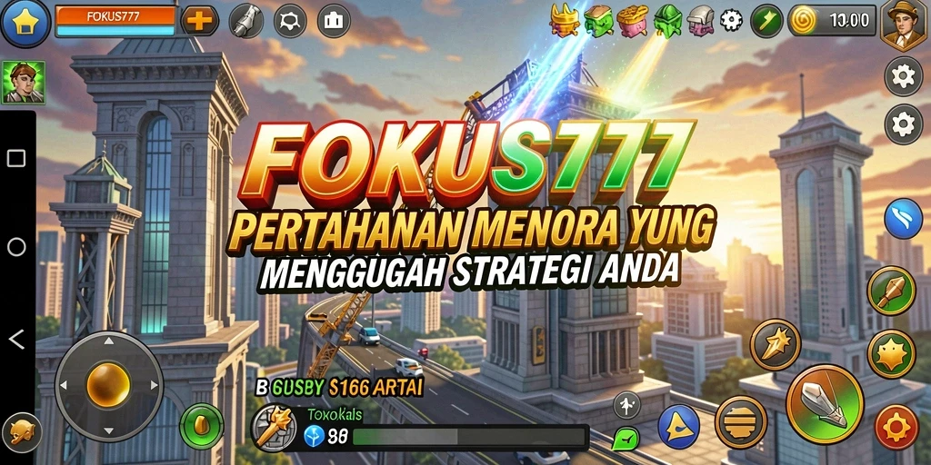 Tampilan gameplay menarik dari FOKUS777 dalam mengatur pertahanan menara.