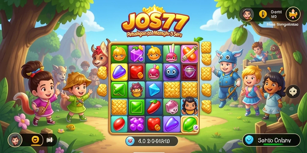 Screenshot utama JOS77 menampilkan momen seru permainan Match-3 yang penuh warna.