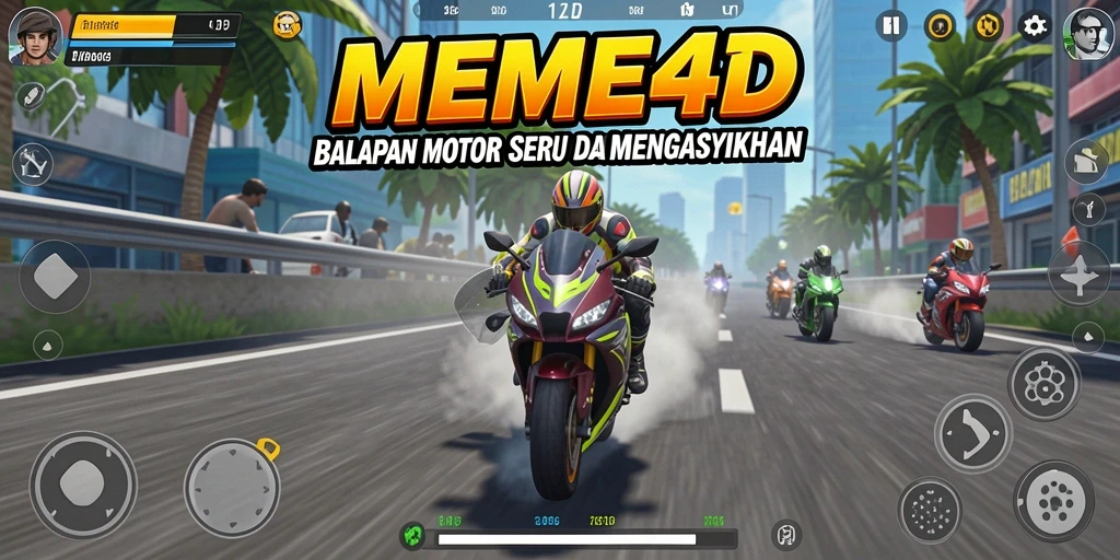 Gameplay MEME4D menampilkan adrenalin balapan motor yang mendebarkan.