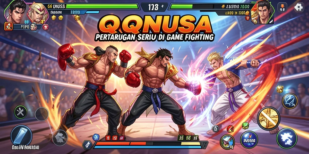 Screenshot utama QQNUSA menampilkan pertarungan dinamis dan karakter yang kuat.