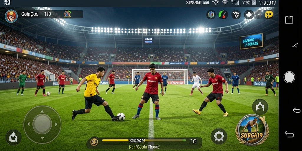 Screenshot utama SURGA19 dengan tampilan gameplay sepak bola yang mendebarkan.