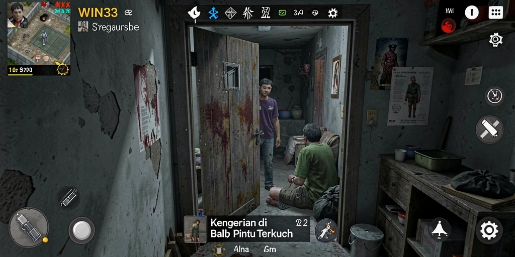 Screenshot utama dari WIN33 menampilkan momen ketegangan dalam gameplay horor.