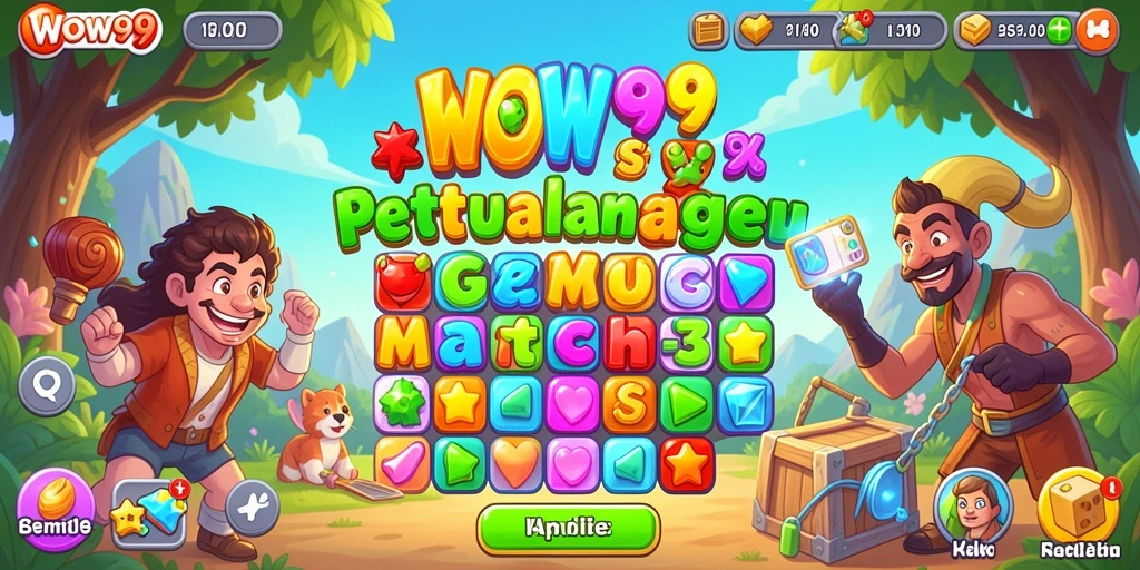 Tampilan gameplay WOW99 yang penuh warna dalam genre Match-3.